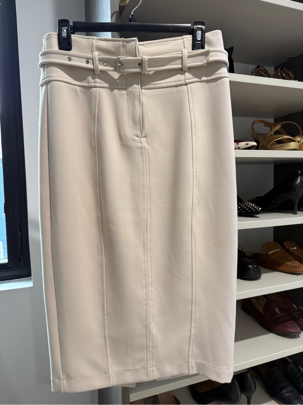 Eva Mendes by New York & Company Cream Belted Pencil Skirt
